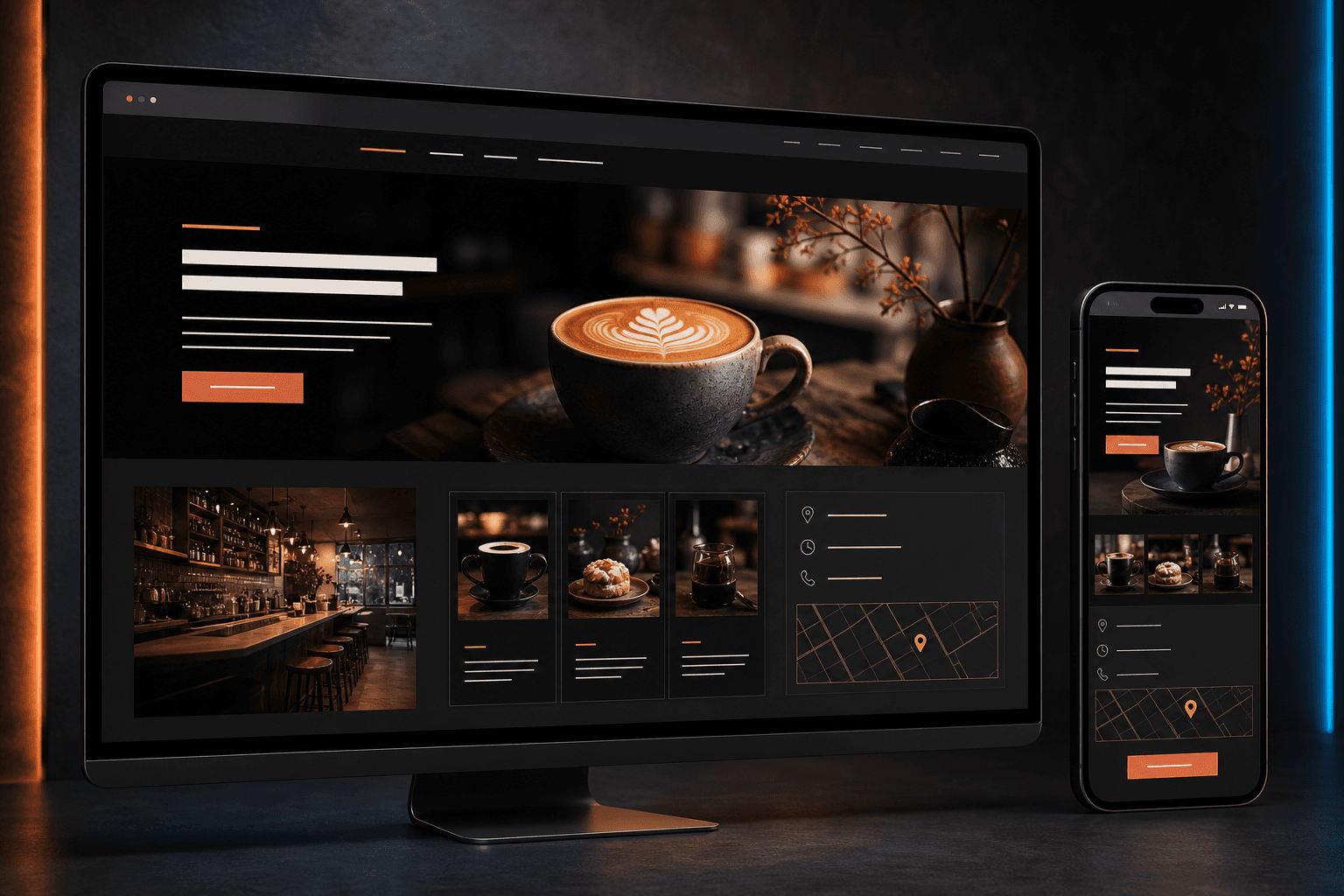 Responsive coffee shop website concept on desktop and mobile screens